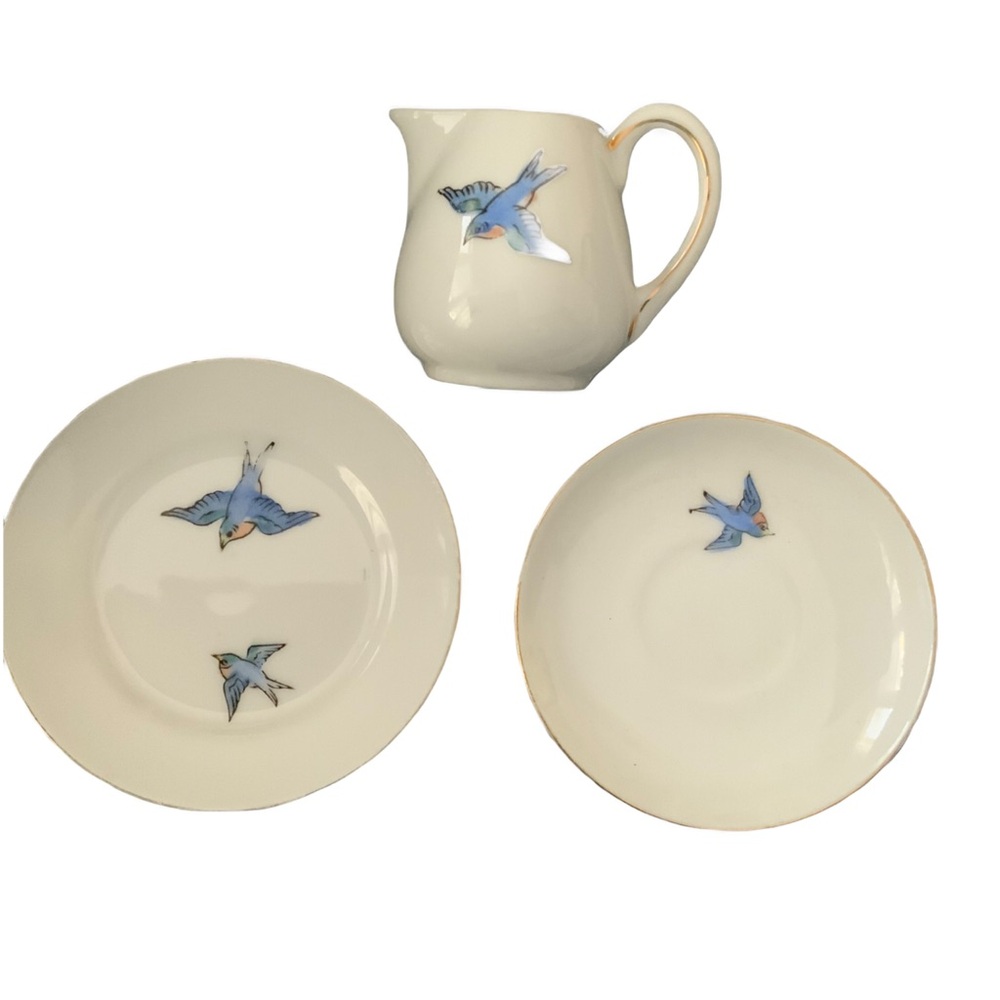 Nippon Hand Painted Charming Cream Ceramic Set with Blue Bird Motif